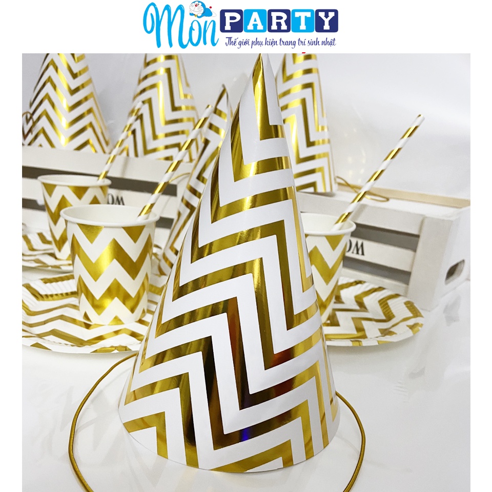 Trang trí bàn tiệc sinh nhật, set mũ sinh nhật cốc giấy đĩa giấy ép kim để bàn tiệc đẹp