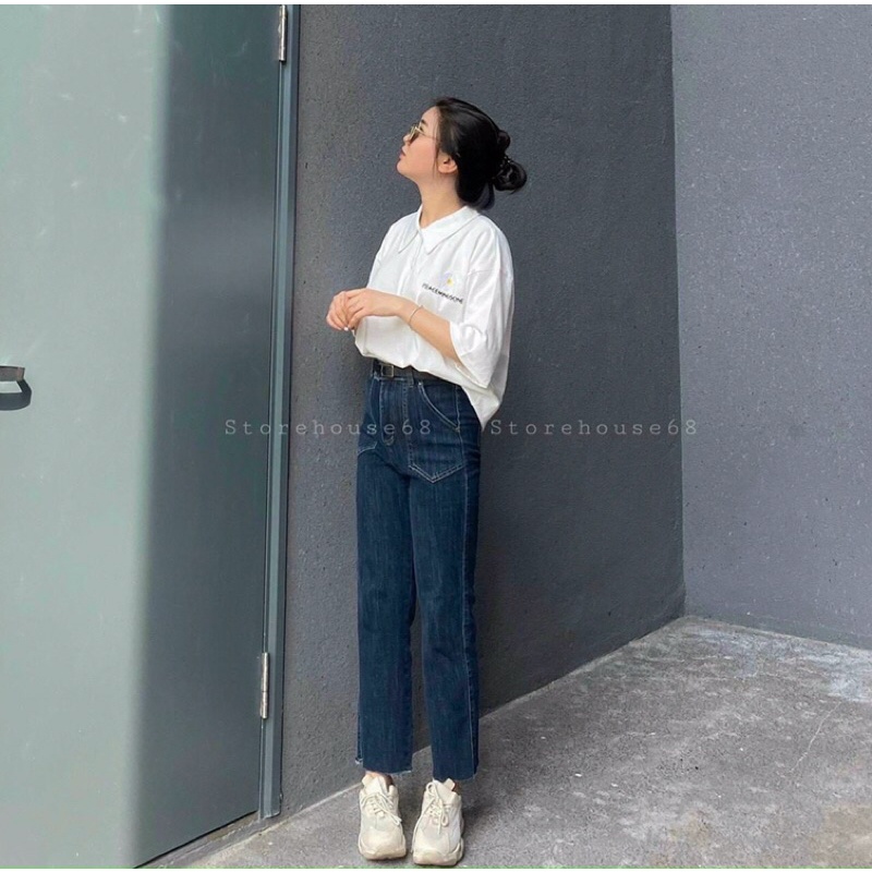 Quần bò jean nữ cạp cao ống đứng rộng suông loe co giãn vải Quảng Châu chuẩn đẹp dầy dặn mặc không bai