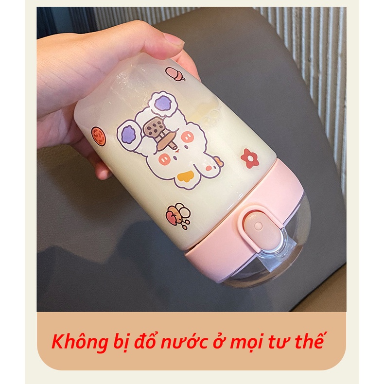 Bình nước cute có ống hút 380ml bình nước trẻ em đi học đi chơi có dây đeo tặng kèm sticker B4