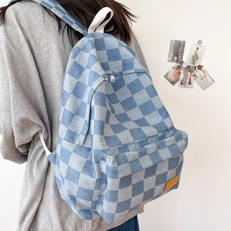 Balo vải kẻ sọc Caro phong cách Hàn Quốc cá tính học sinh sinh viên cặp unisex đựng vừa sách vở