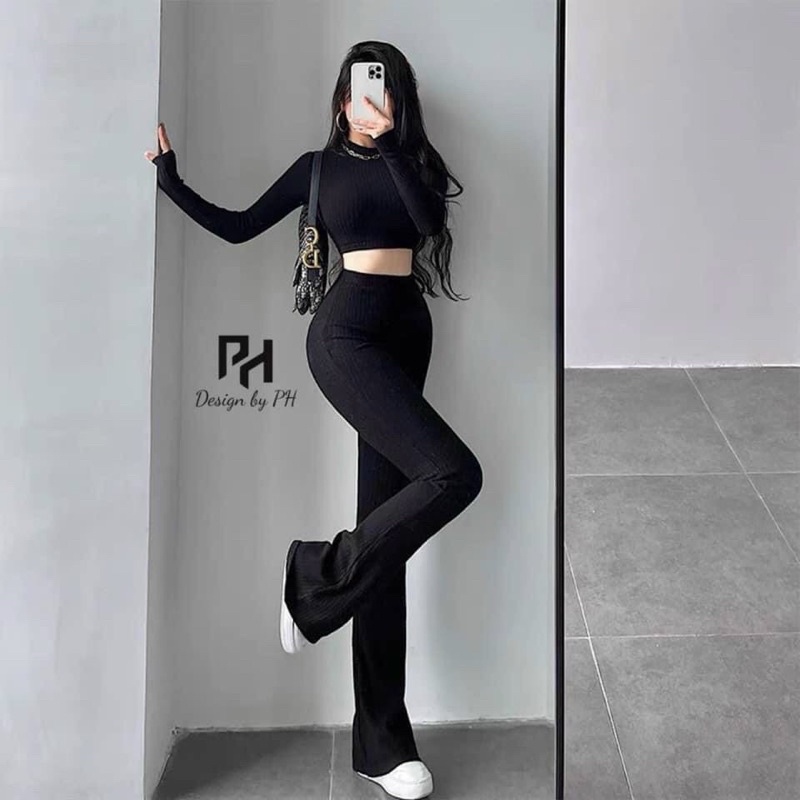 Set Áo Croptop Tay Dài Quần Ống Loe, Set Bộ Áo Croptop Tay Dài