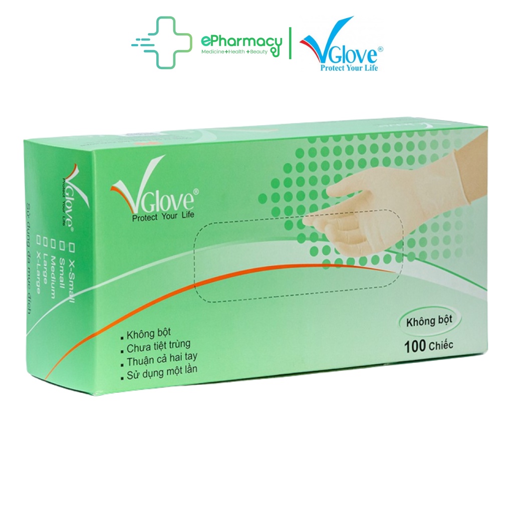 Găng Tay Y Tế Latex Không Bột VGlove Powder Free Latex Gloves màu trắng cao su tự nhiên 100 chiếc/hộp