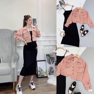 SET Váy body hai dây mix Áo khoác nhung hồng✌️