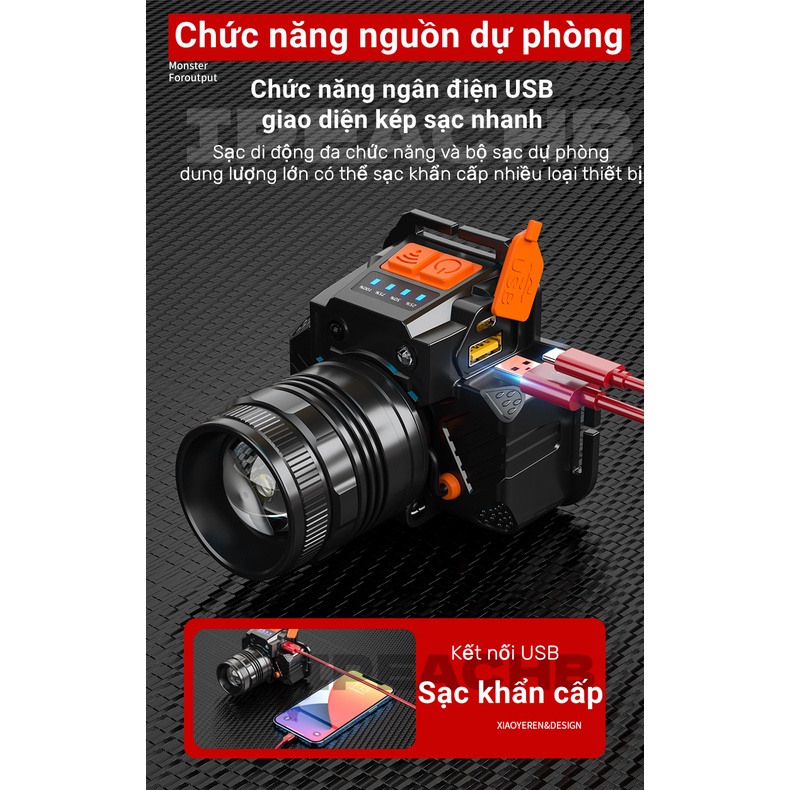 Đèn pin đội đầu siêu sáng,chiếu sáng sa,4 Chế Độ Sáng, lượng pin lớn , nhỏ gọn, có thể sạc điện thoại gấp, sạc usb