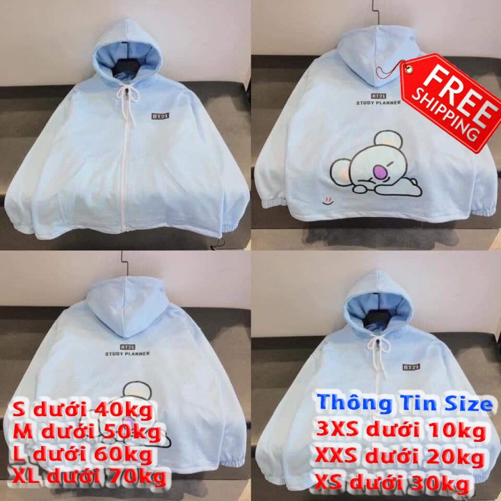 Áo khoác hoodie nữ thun nỉ form rộng có dây kéo BT21