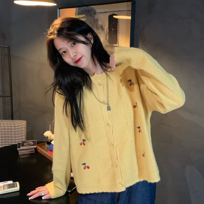 Áo cardigan dệt kim Pure Cube dáng rộng họa tiết quả cherry phong cách Hàn Quốc mới thời trang cho nữ