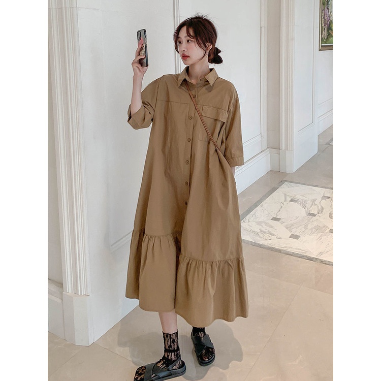 Đầm Sơ Mi Khaki Cao Cấp Phong Cách Retro Mùa Hè 300 Jin Fat Size Lớn Cho Nữ