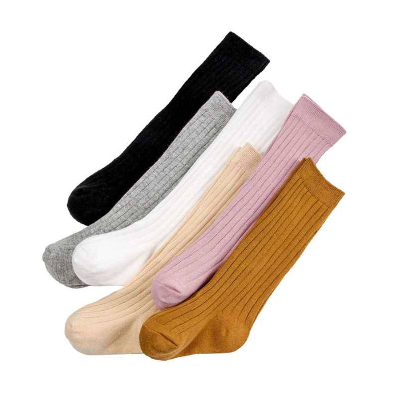 WM 6 Pair Solid Color Knee-Length Baby Girl Long Socks Children Striped Spring Sock