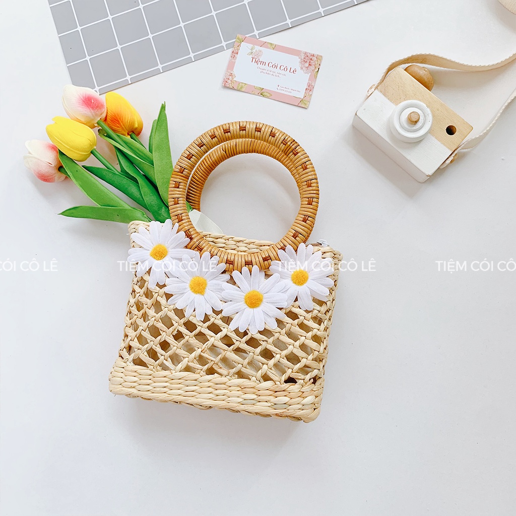 Túi cói mini, làn cầm tay hình vuông đan ô thưa size 17cm - Tiệm Cói Cô Lê