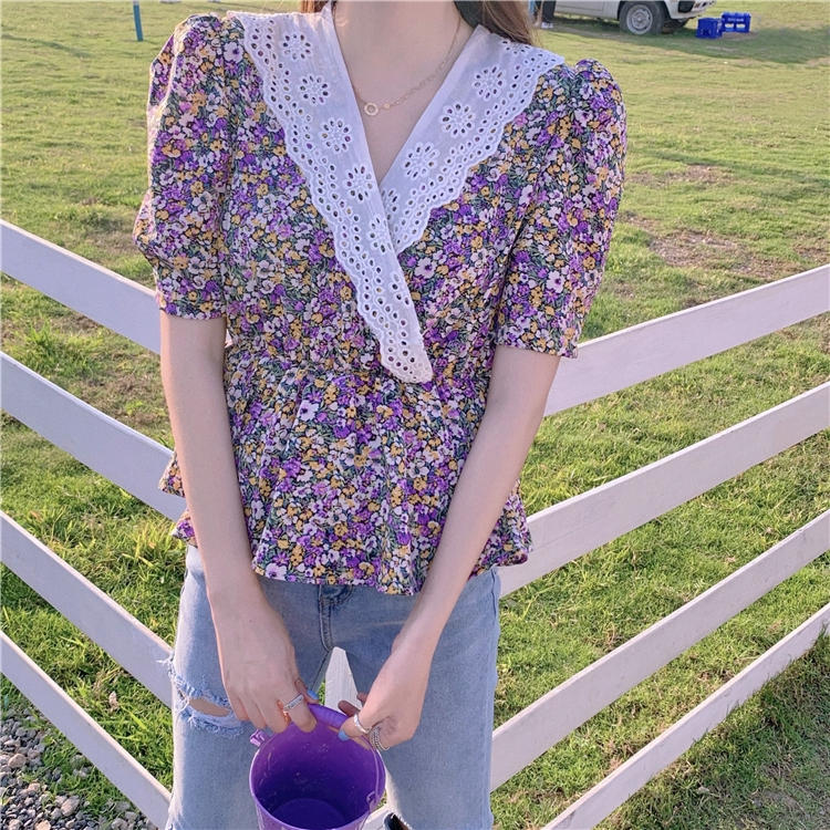SUXI Áo kiểu cổ chữ V họa tiết hoa xinh xắn thời trang phong cách Pháp cho nữ