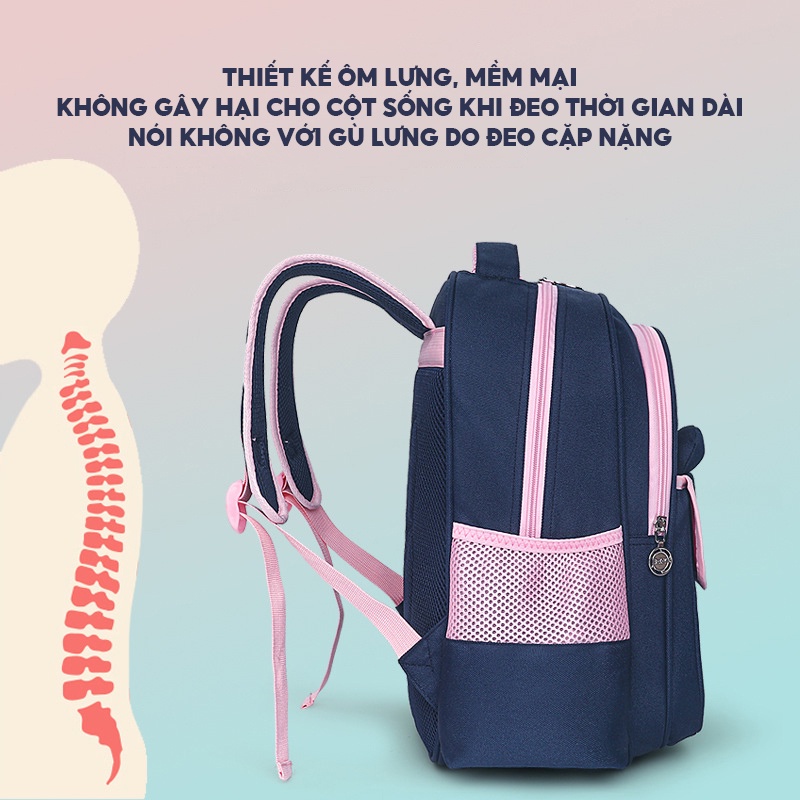 Balo Đi Học Tai Gấu Mẫu Cặp Sách Chống Gù Tặng Kèm Túi Đựng Bút Viết Nhiều Ngăn Chứa SB-140