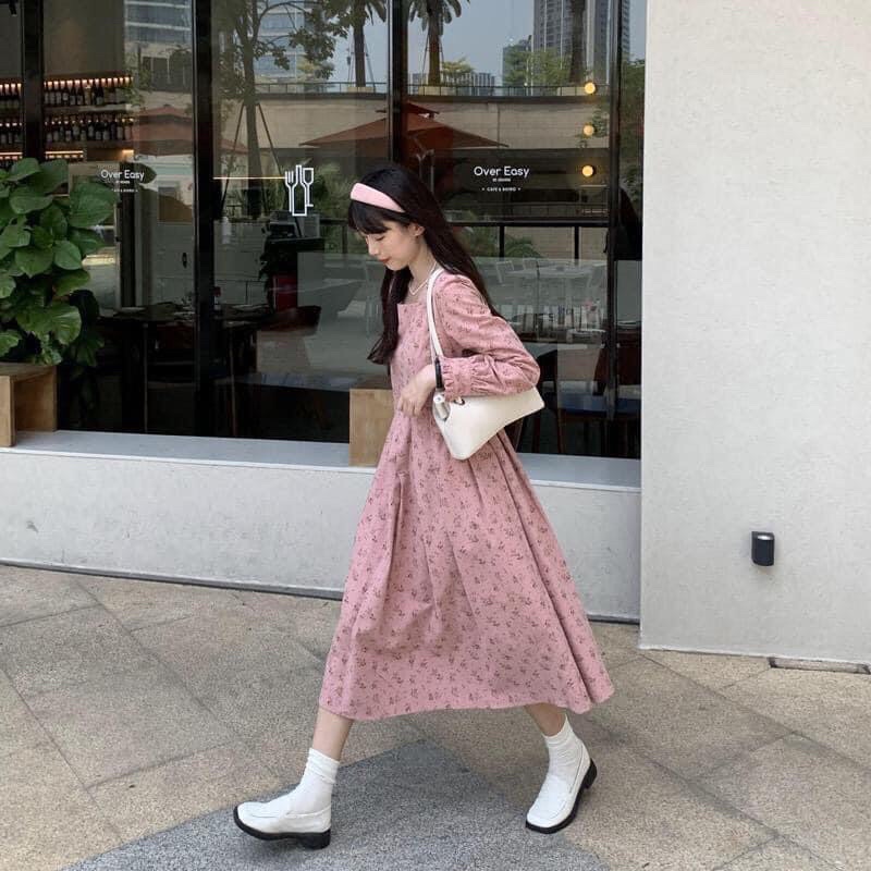 Váy nhung hoa nhí xếp ly tay bèo vintage Uyên Vi Shop