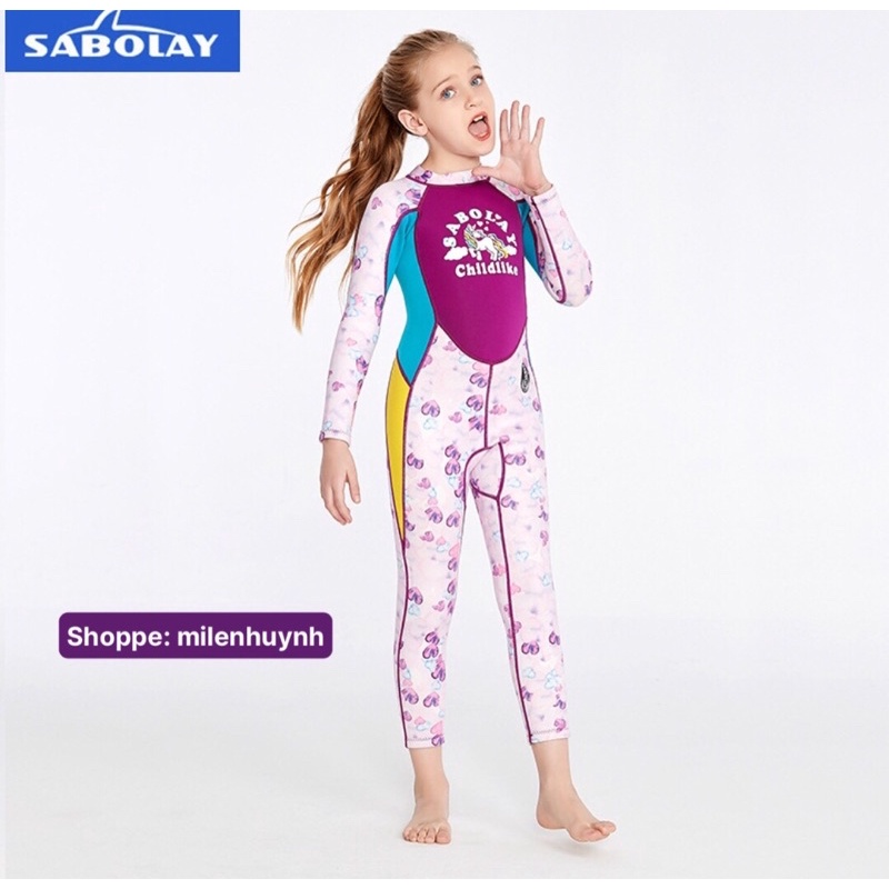 Đồ bơi giữ nhiệt dài tay bé gái Sabolay WK- VTQ908 dày 2mm giữ nhiệt, cản gió, chống lạnh, hoạ tiết trái tim