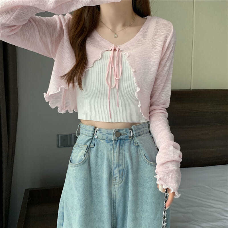 Áo Khoác Cardigan Mỏng Cột Nơ Xinh Xắn Thời Trang Pháp
