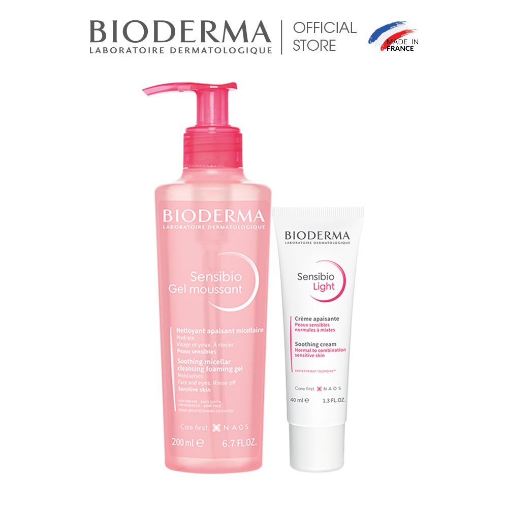 Bộ đôi gel rửa mặt và kem dưỡng ẩm cho da nhạy cảm Bioderma Sensibio Gel Moussant 200ml và Sensibio Light 40ml