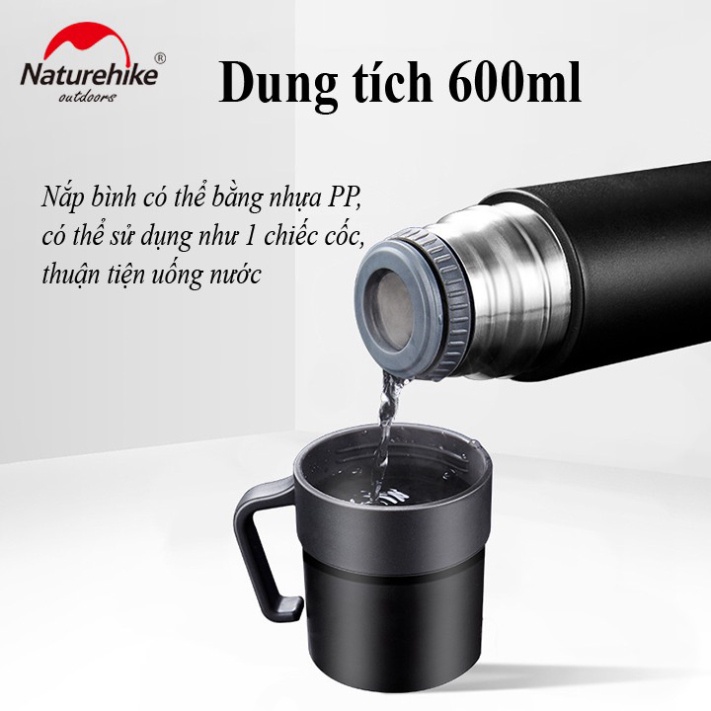 Bình giữ nhiệt Naturehike 600ml cao cấp chính hãng, bình nước 4 lớp, giữ nhiệt thời gian dài có 2 cốc uống nước tiện lợi