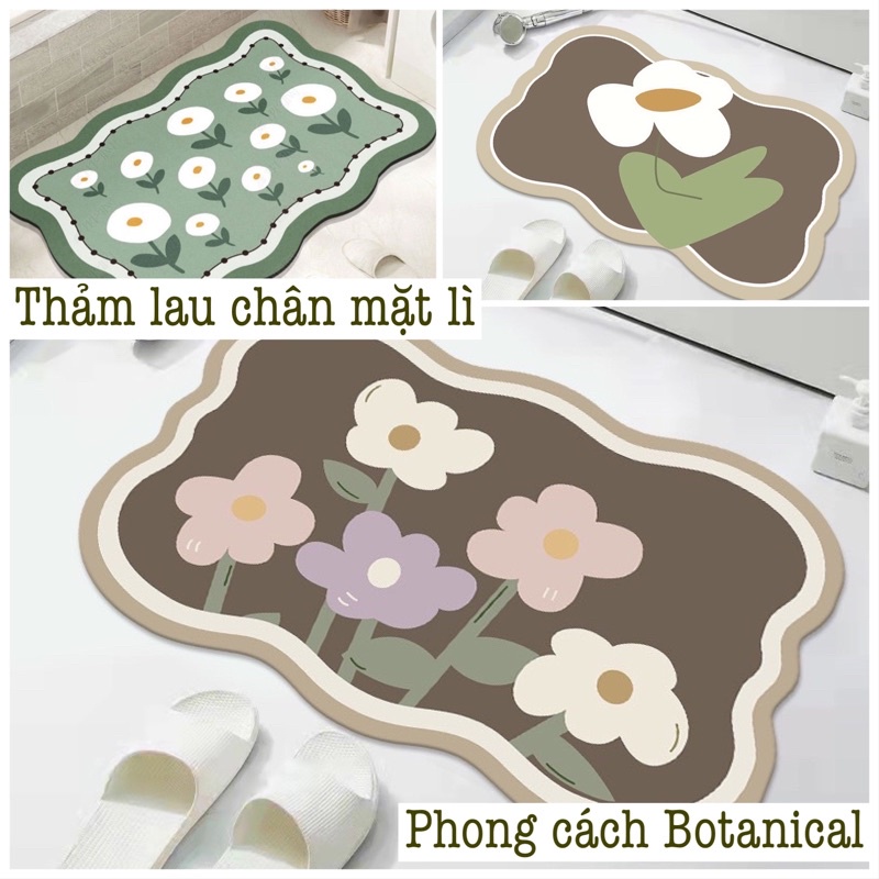 Thảm chùi chân phòng tắm, cửa ra vào cắt viền tạo sóng họa tiết hoa cỏ chất liệu lì phong cách BOTANICAL - Liminho Shop
