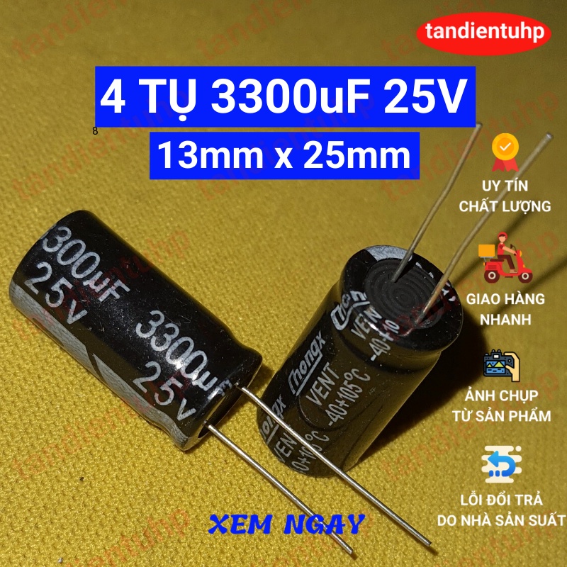 Tụ hóa - Tụ phân cực các trị số : 100uF, 220uF, 330uF, 470uF, 1000uF, 2200uF, 3300uF, 4700uF điện áp 25V hàng mới.