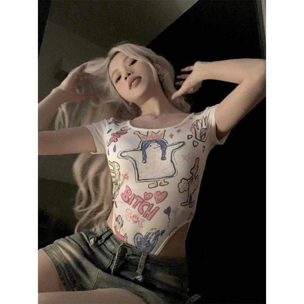 QADCOL  Áo Thun Tay Ngắn In Hoạt Hình One Piece Phối Thắt Lưng Và Đệm Ngực Thời Trang Cho Nữ