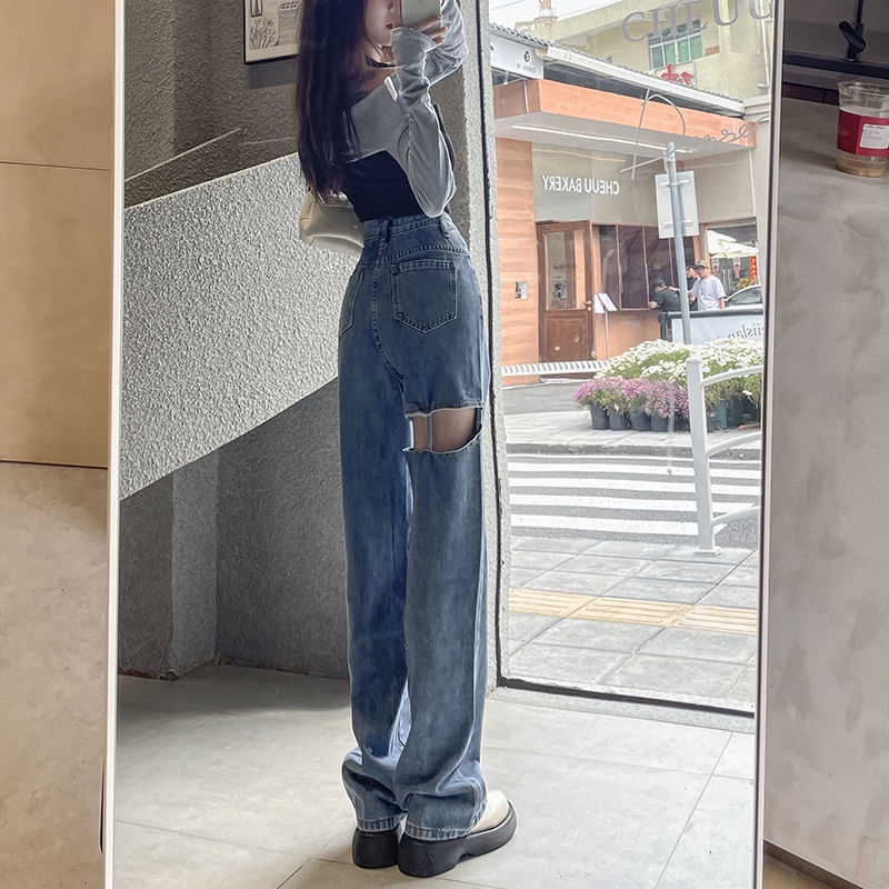 Phong cách mới!F &amp; X Quần Jeans Rách Ống Rộng Lưng Cao Thời Trang Mùa Hè Cho Nữ 2022