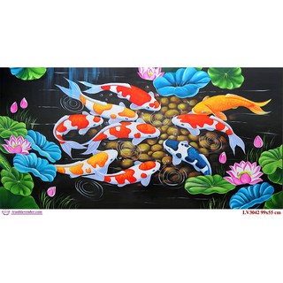 Tranh thêu chữ thập Cửu ngư quần hội 99x55