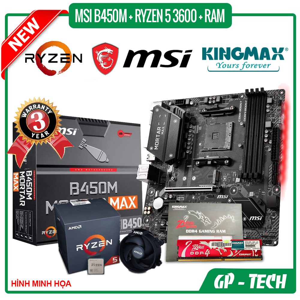 Combo Bo mạch chủ MSI B450M MOTAR MAX + Ryzen 5 3600 + 8GB/3000 KINGMAX