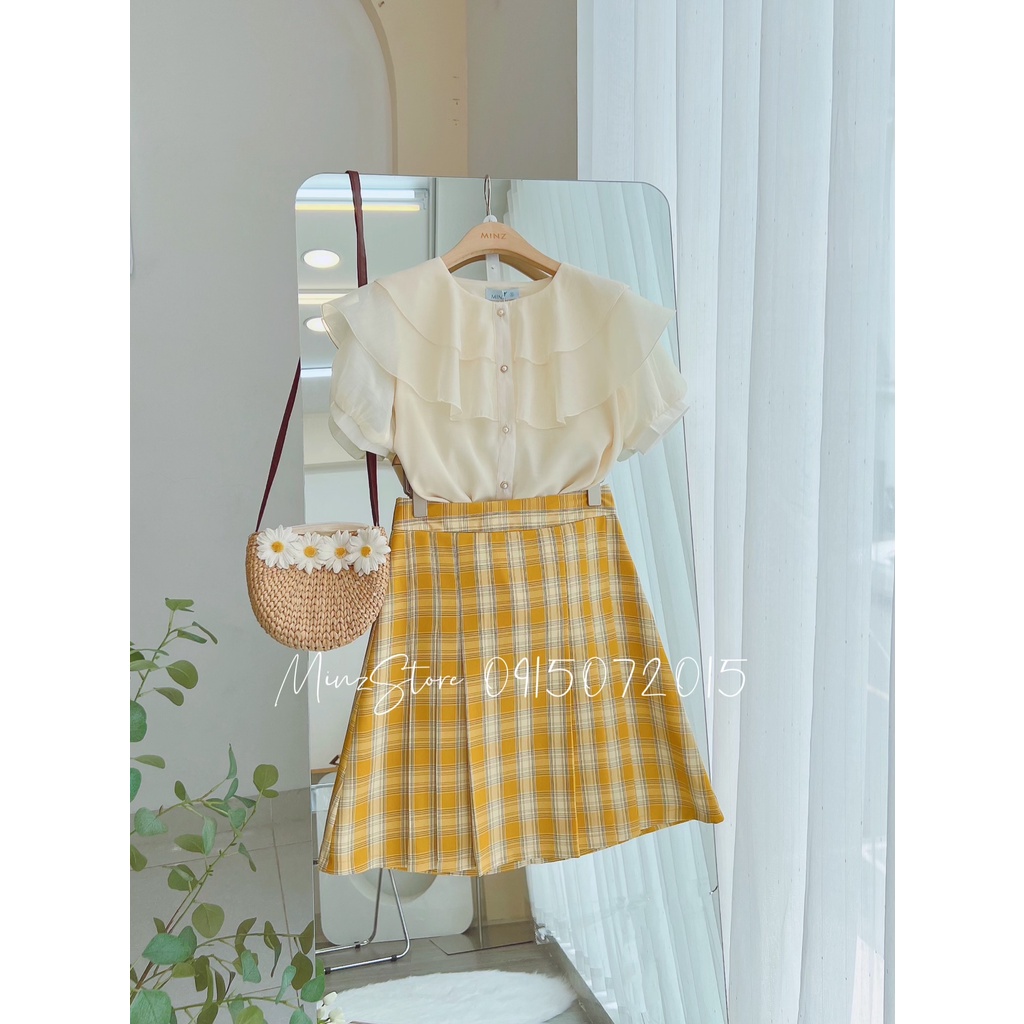 Chân Váy Công Sở Nữ MINZ STORE Dáng A, Xếp Ly 2 Bên, Hoạ Tiết Kẻ