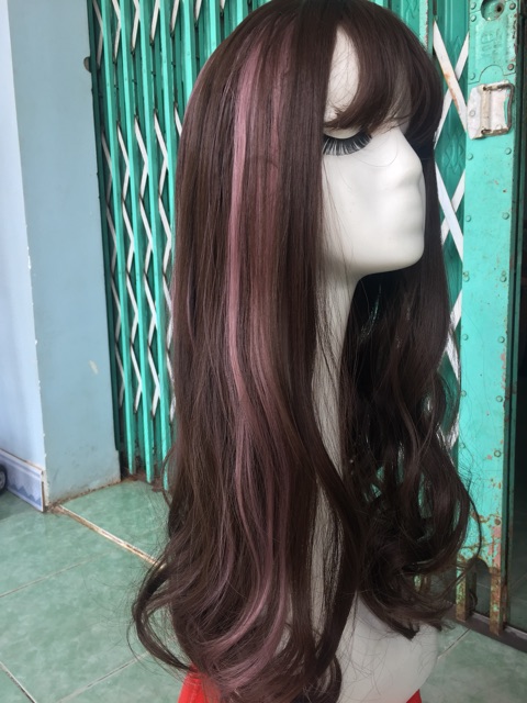 Tóc giả Nguyên đầu ❤️freeship 50k❤️nâu line hồng- tặng lươi chùm tóc- hình thật