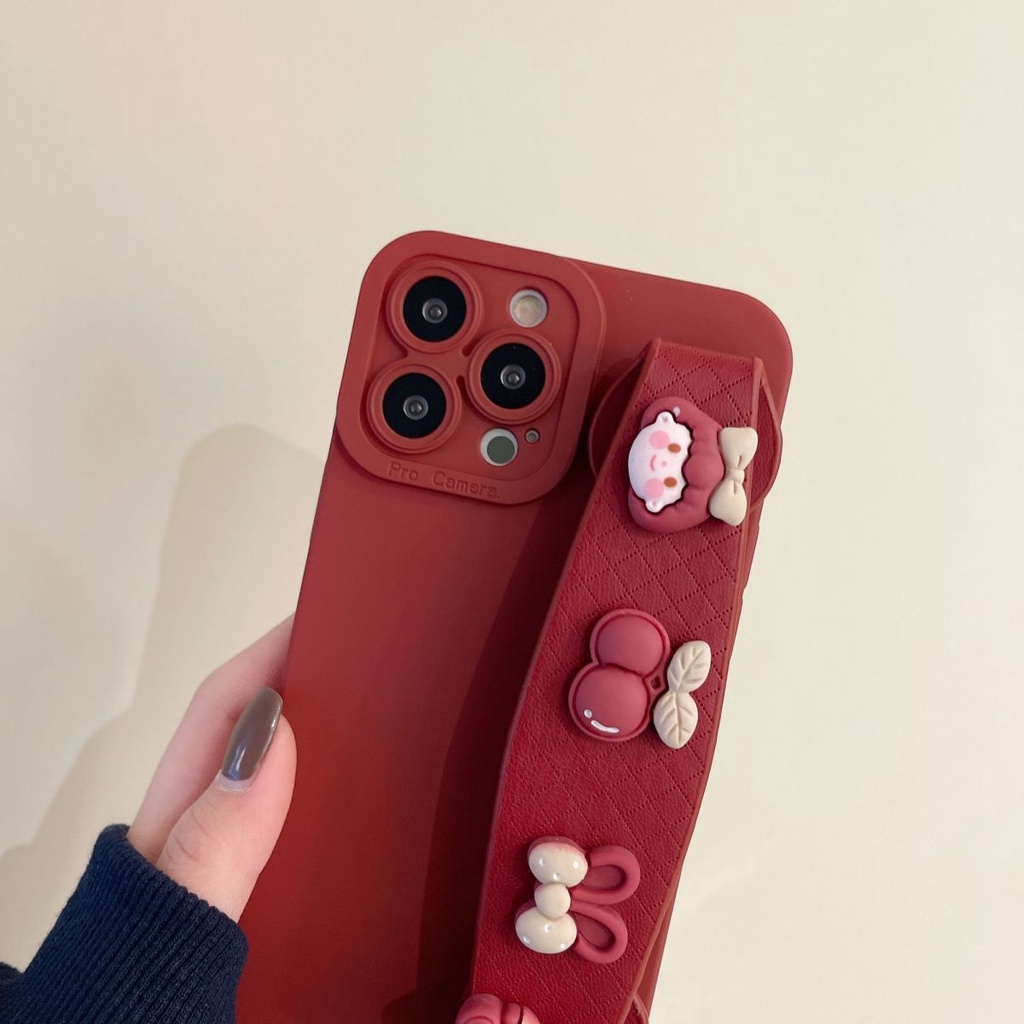 Ốp lưng iphone cạnh vuông kèm móc đeo tay màu đỏ 7plus x xsmax 11 11promax 12 12pro 12promax 13 13pro 13promax DT13