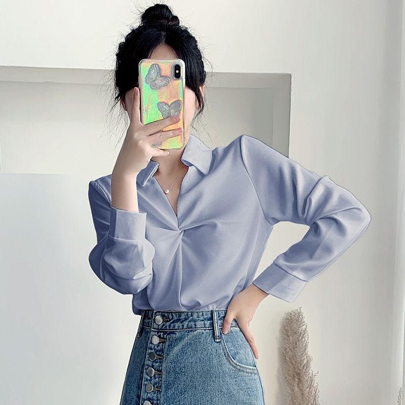 Áo Sơ Mi chiffon Màu Xanh Dương Thời Trang Xuân Thu Cá Tính Cho Nữ