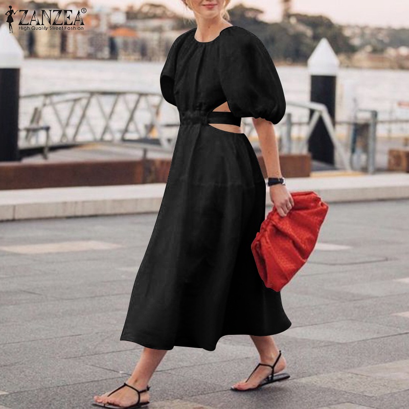 Đầm Zanzea thiết kế dài tay ngắn màu trơn thiết kế khoét eo phong cách châu Âu cho nữ