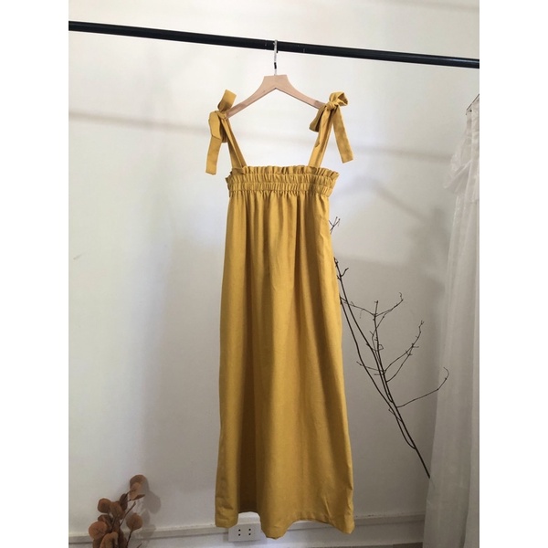 Váy đầm maxi suông dài thắt nơ vai- vải Linen có 2 túi