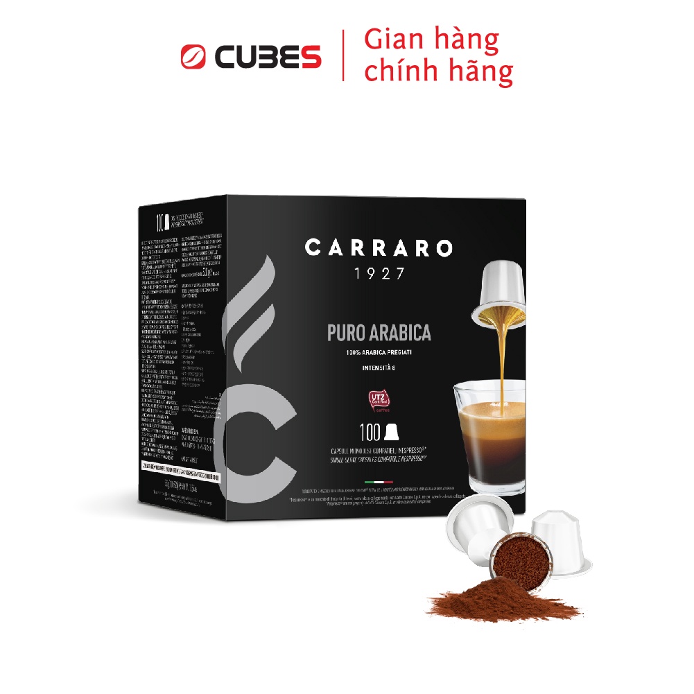 Cà phê viên nén Carraro Puro Arabica 100 viên tương thích với máy Nespresso - Nhập khẩu từ Ý