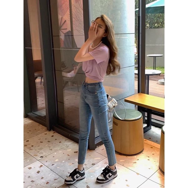 Quần jean ôm nữ màu xanh đá bụi, quần bò nữ was lưng cao quảng châu hack chân