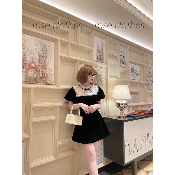 Jolie Dress đầm nhung đen phối cổ ren tiểu thư