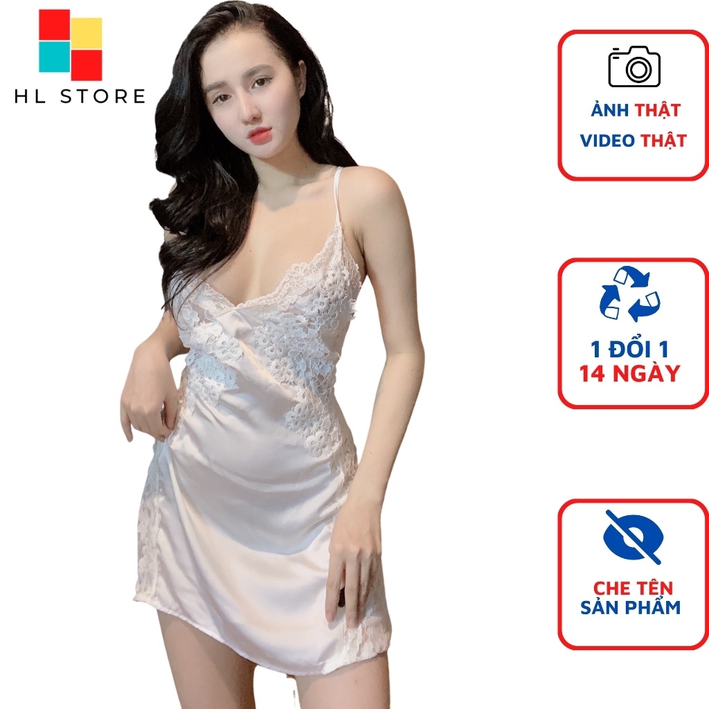 Váy ngủ sexy 2 dây phối hoa ngực và eo Hải Lan Store, vải lụa satin, kèm quần đùi, freesize 40-65kg tùy chiều cao
