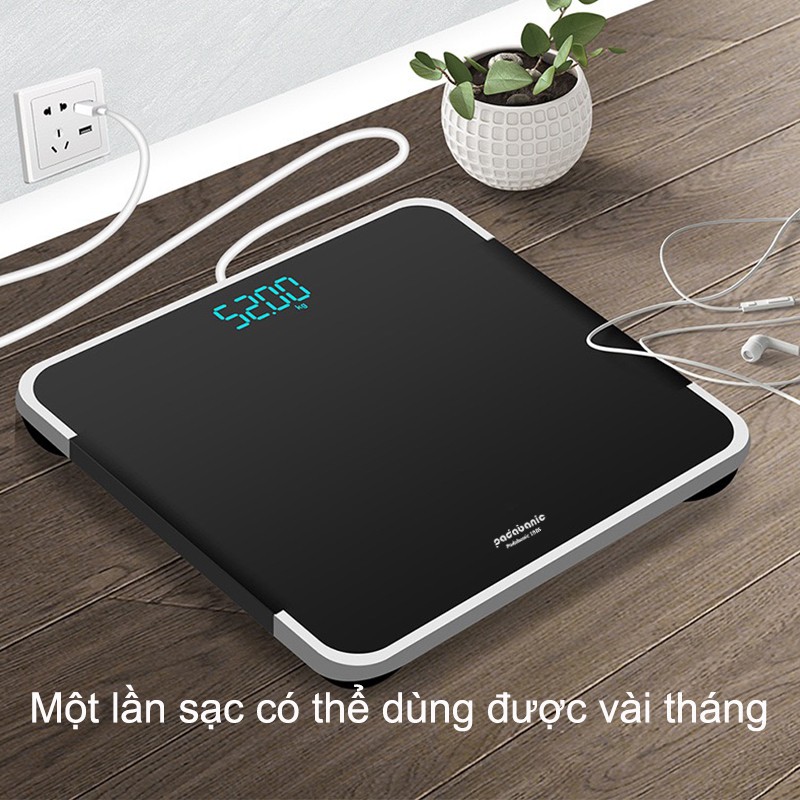 Cân Sức Khỏe Cân Điện Tử Gia Đình  Sạc Tích Điện 26cm Mặt Kính Cường Lưc Hiển Thị Đo Nhiệt Độ Phòng Tặng Kèm Cáp Sạc