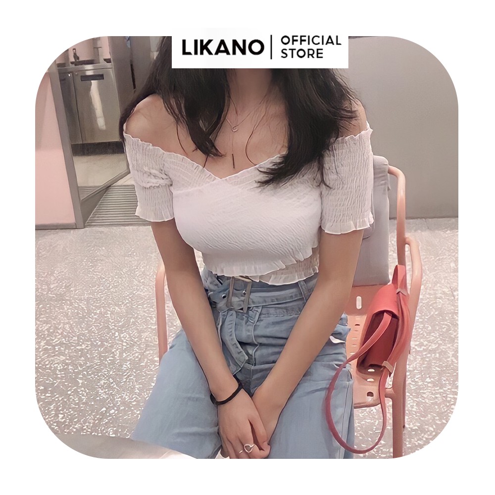 Áo croptop nữ trễ vai tay ngắn kiểu ôm, áo crt ôm đắp chéo ngực siêu dễ thương LIKANO CRT29