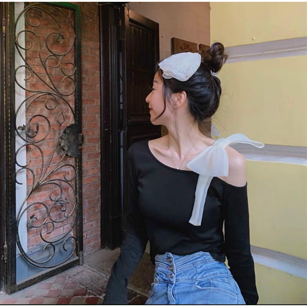 Áo Len Tăm Dài Tay Nơ Cổ Thu Đông, Áo Thun Nữ Dáng Ôm Co Giãn Tiểu Thư