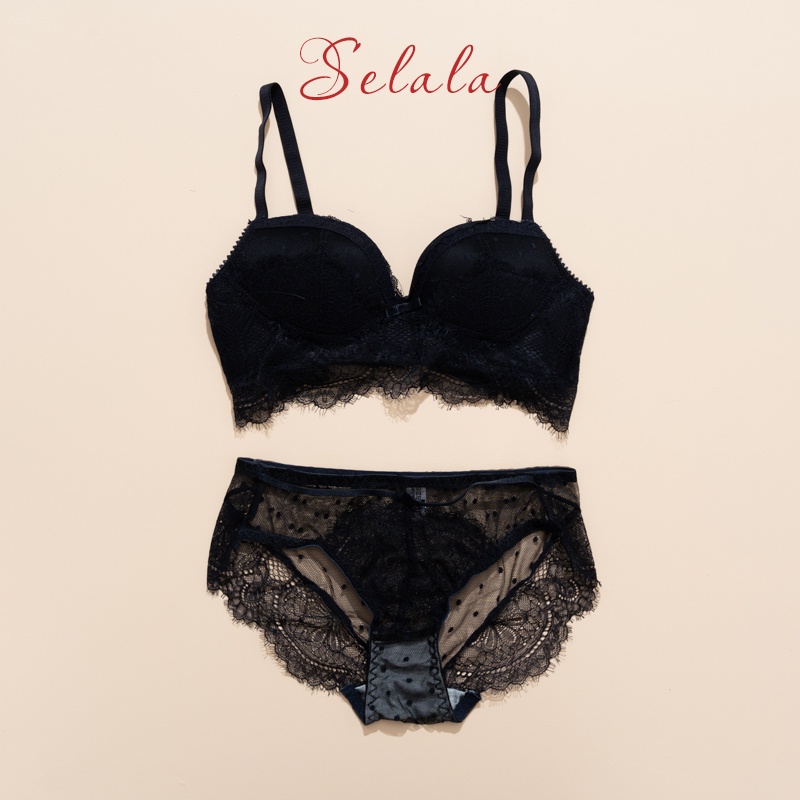 Set Đồ Lót Ren Selala Không Gọng Đính Nơ Cúp Ôm Ngực Thoải Mái SET19