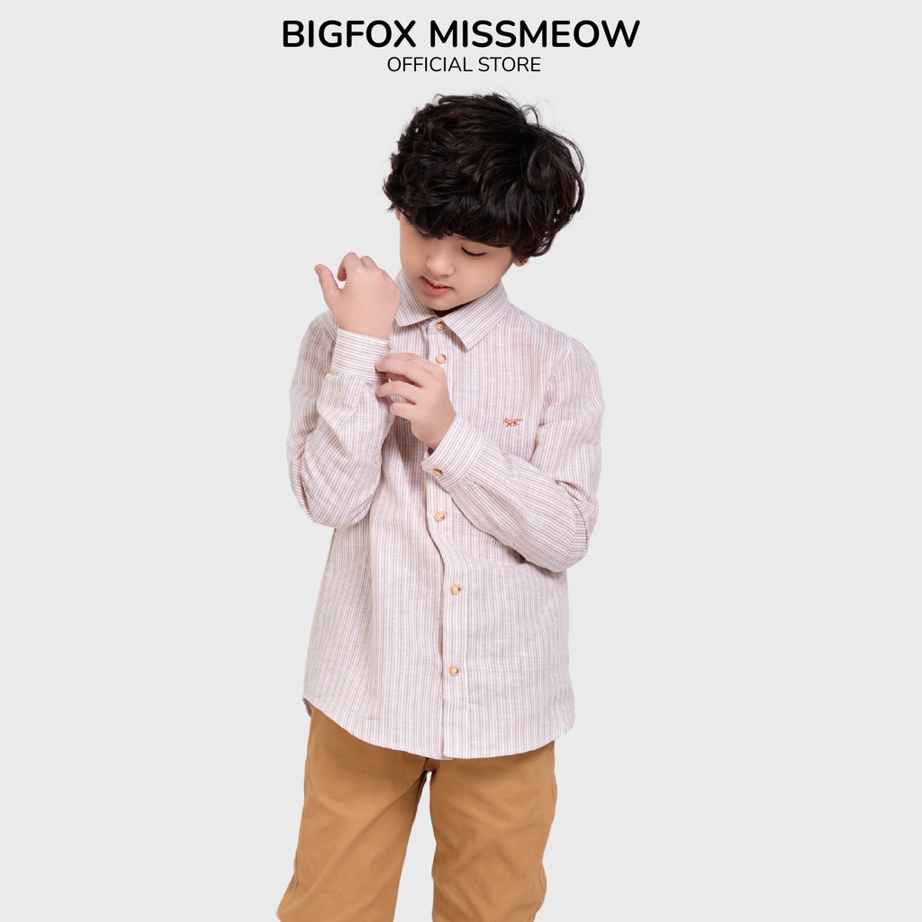 Áo sơ mi bé trai Bigfox - Miss Meow dài tay size đại chất linen mềm mại, họa tiết kẻ sọc cho trẻ em 5,6,7,8,9,10,11 tuổi