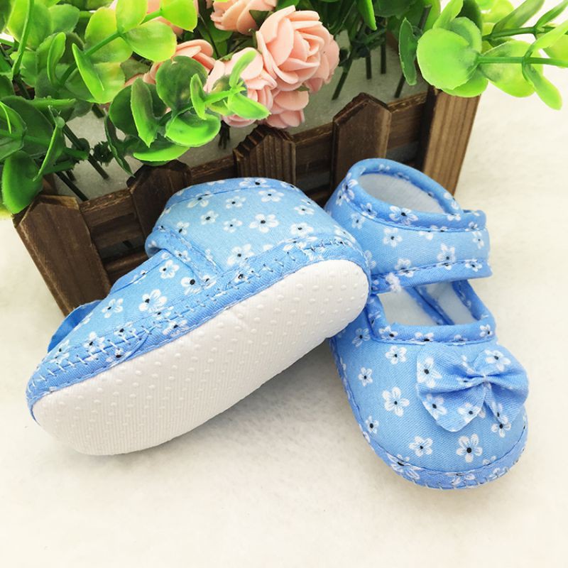 Giày búp bê chất liệu cotton chống trượt đính nơ xinh xắn cho bé 0-18 tháng tuổi