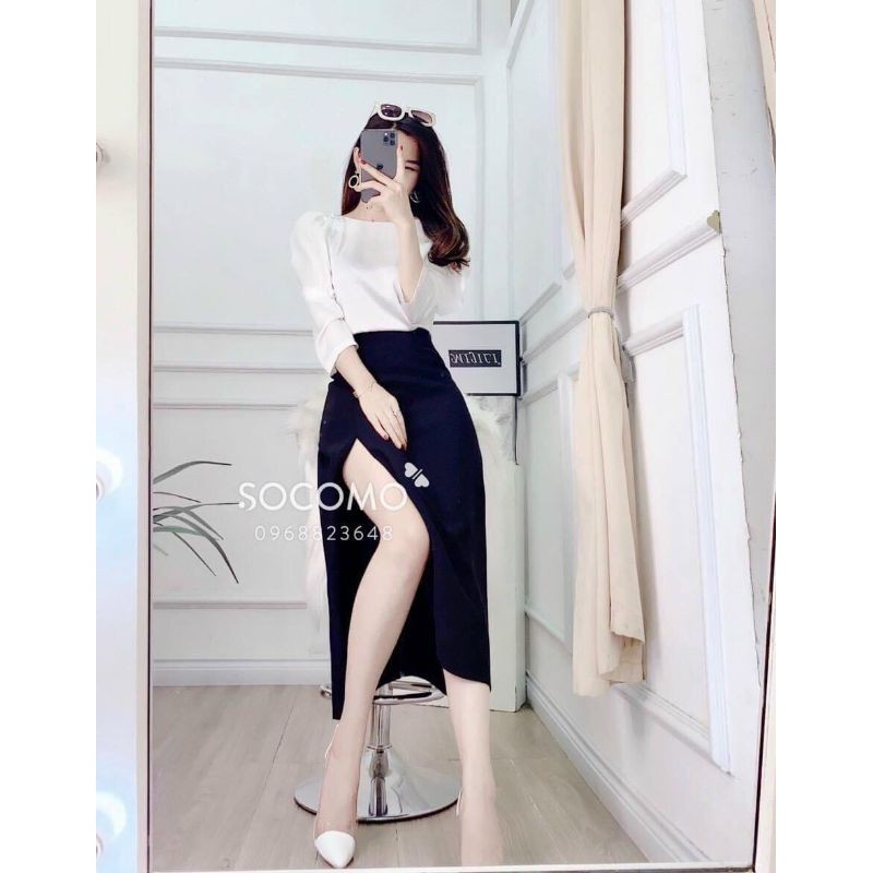 Set áo tay lỡ và chân váy xẻ tà quyến rũ