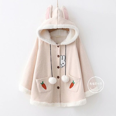 Poncho/ Áo choàng nỉ bông mũ tai thỏ họa tiết thỏ cà rốt đáng yêu