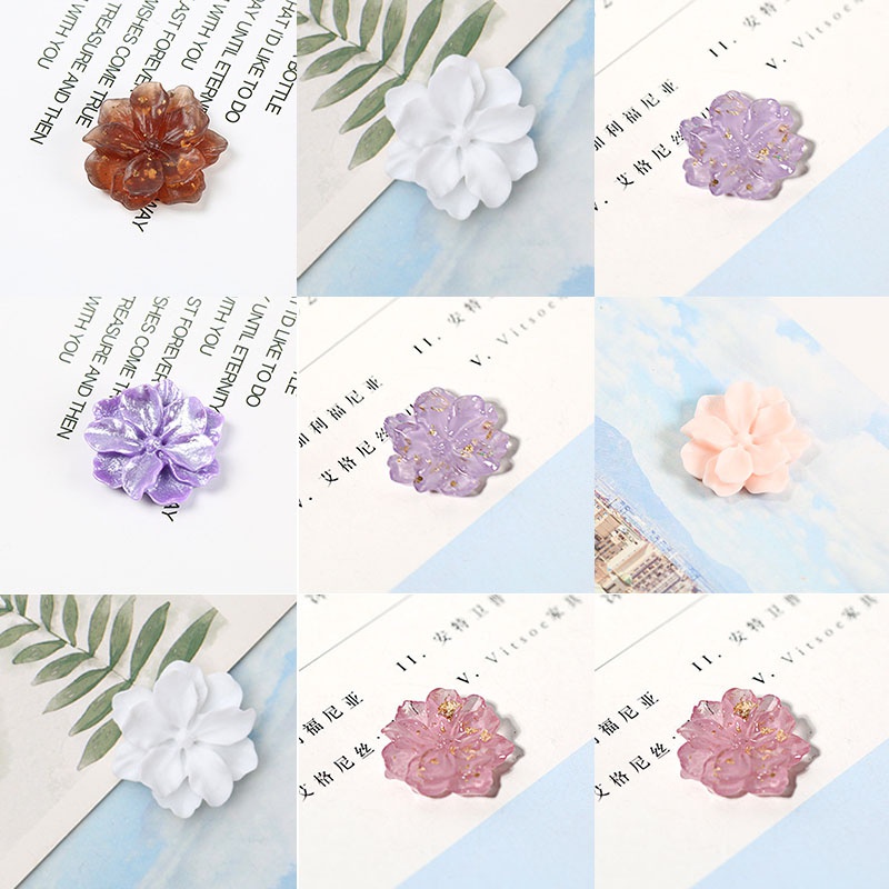Set 10 phụ kiện hoa năm cánh hai lớp bằng resin đính ngọc trai mặt sau phẳng trang trí ốp điện thoại diy