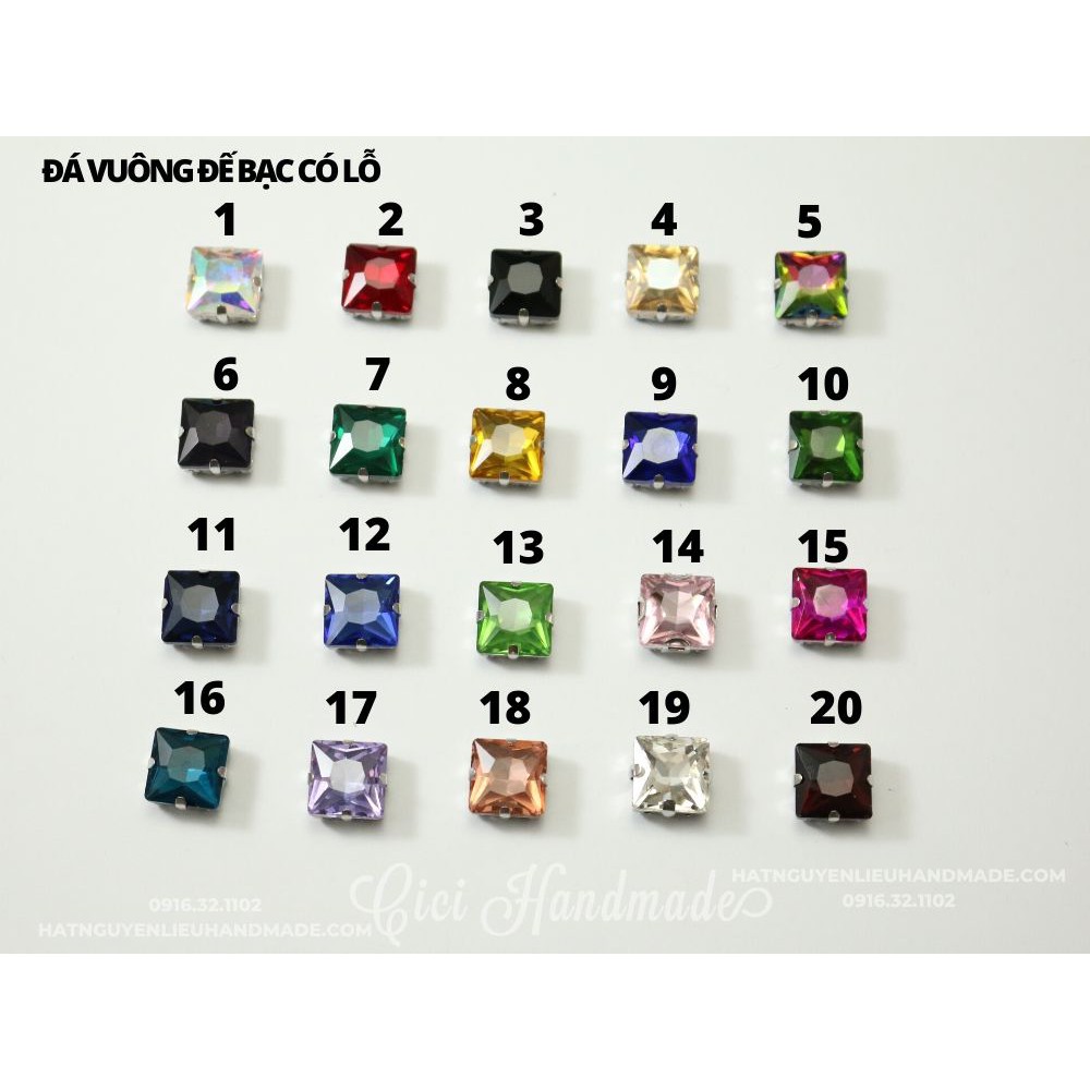 Set 10 hạt đá vuông đế bạc có lỗ khâu size 8mm và 10mm Cici Handmade chuyên pha lê cườm trang sức