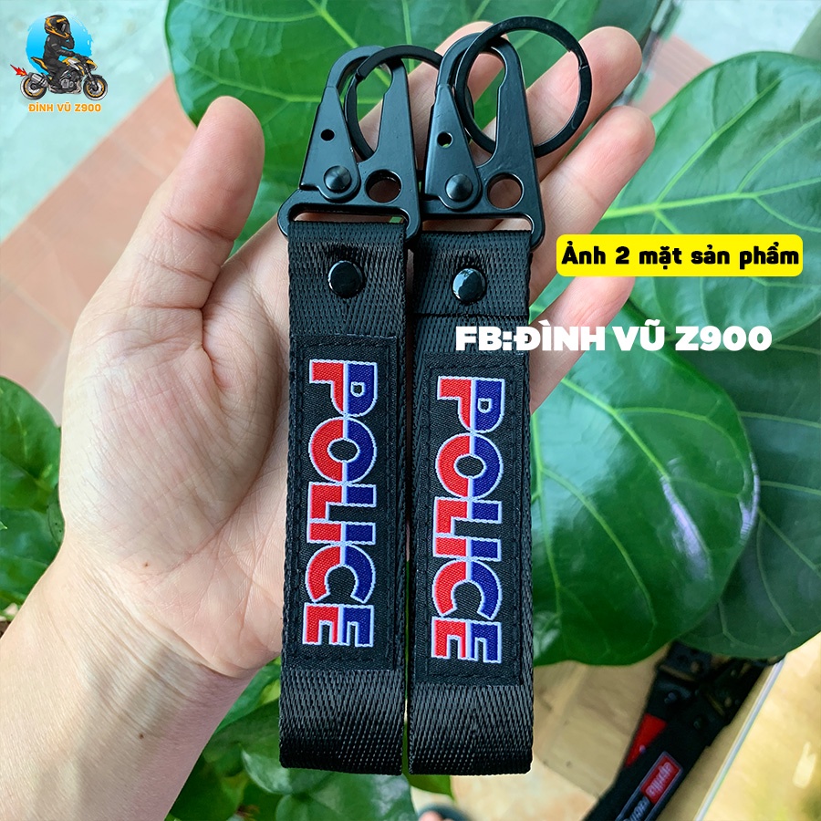 Móc khóa POLICE, đầu bấm kim loại CHẮC CHẮN, dây vải DÀY DẶN, logo THÊU không phai màu