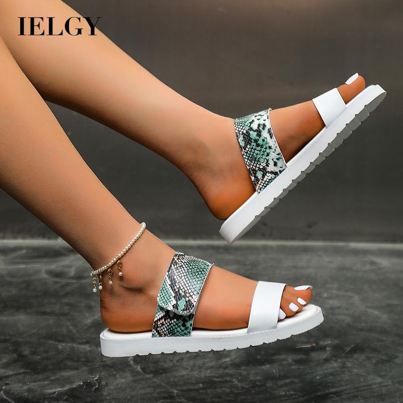 Dép IELGY đế bằng hở mũi khóa quai dán phối màu cho nữ