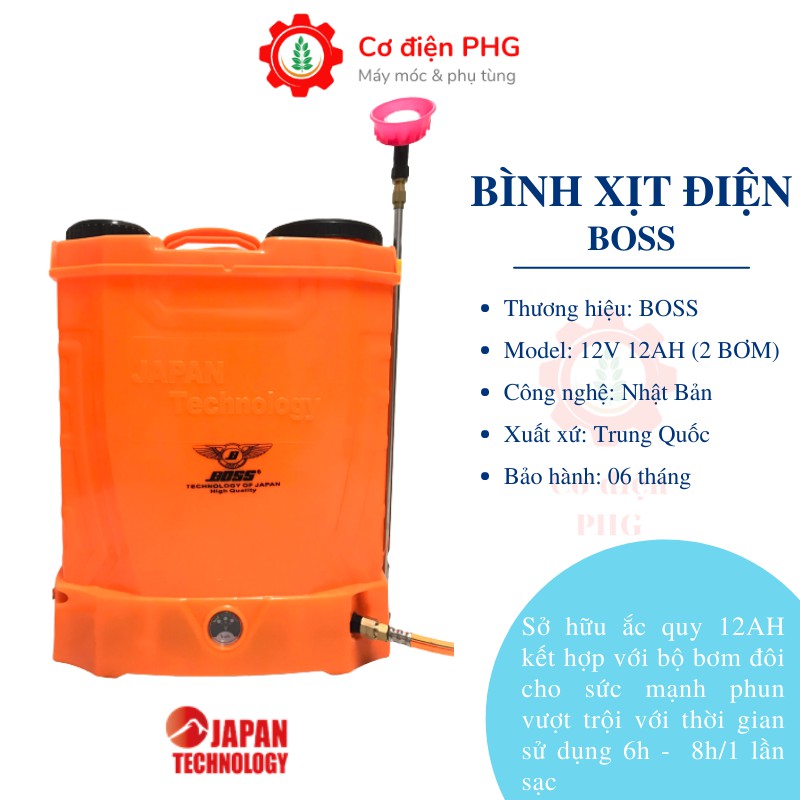 Bình xịt điện phun thuốc trừ sâu BOSS 20L 12V 12AH | 2 bơm | Công nghệ Nhật Bản | Bình phun thuốc