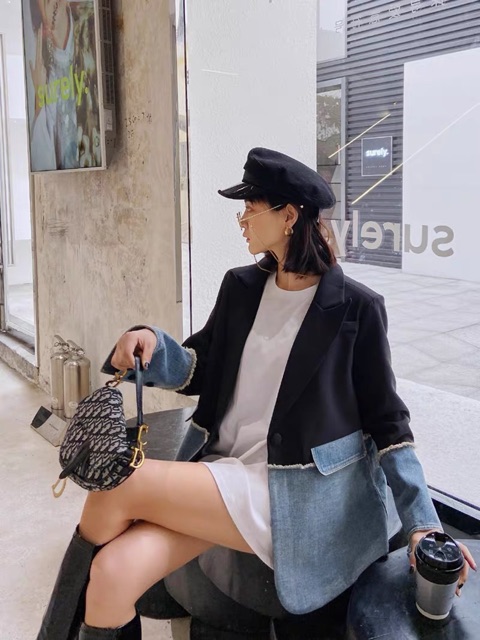 Áo khoác vest phối jeans Địch Lệ Nhiệt Ba